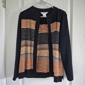 Misook Petite Black Orange Print Cardigan Sweater